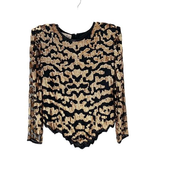 Laurence Kazar Vintage Sequin Gold Black Sheer Sleeve Evening Top Blouse PM - Picture 1 of 7